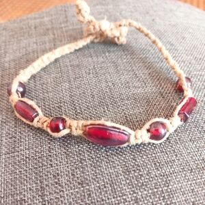 Handmade Macrame Hemp Bracelet w/ Red Glass Beads - New Item (up to 7")